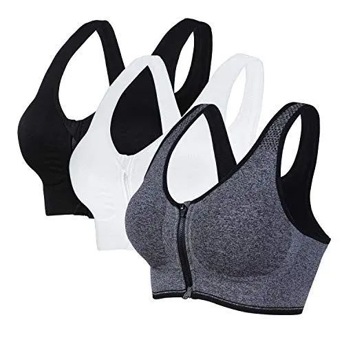 Produktbild: Vertvie Damen Zip Front Sport BH Vorderverschluss Push Up Ohne Bügel Bustier Running Bra Ringerrücken Strech Gepolstert Bralette für Fitness Yoga(Scwarz+grau+weiß,XXL)