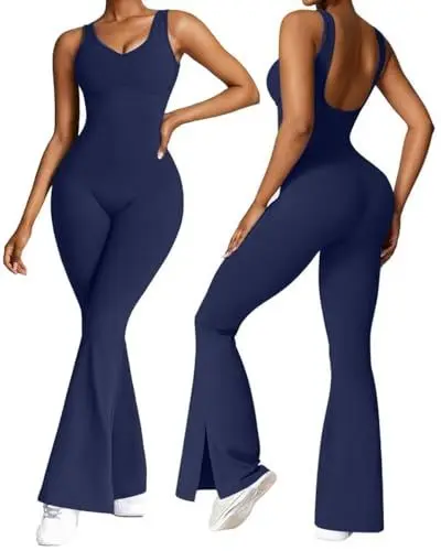 Produktbild: Vertvie Jumpsuit Damen Bootcut Eng Sport Jumpsuit Flared Leg Bodysuit mit Pads Yoga Anzug Einteiler mit Schlag Overall Lang Romper(U Rücken: Marineblau,M)