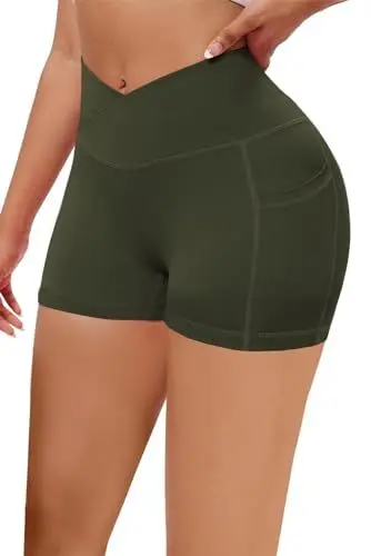 Produktbild: Vertvie Gym Shorts Damen V Cross Sportshorts mit Taschen Push Up Po High Waist Nahtlos Yoga Kurz Shorts Blickdicht Nahtlose Sommer Leggings Fitness(1 Pack Armee Grün,M)