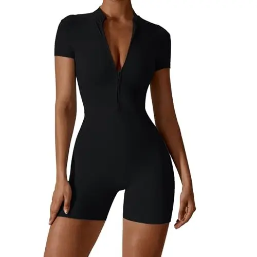 Produktbild: Vertvie Jumpsuit Damen Kurz Eng Sport Einteiler Yoga Overall Reißverschluss Vorne Bodysuit Kurzarm Strampler Stretch Romper Sommer Fitness Workout(Kurzarm/Schwarz,S)