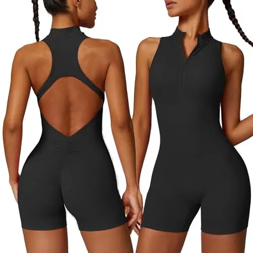 Produktbild: Vertvie Jumpsuit Damen Kurz Scrunch Sommer Eng Gym Einteiler Reißverschluss V-Back Fitness Jumpsuit Overall Racerback Sport Romper Bodysuit Workout Onesie Padded(Schwarz,S)