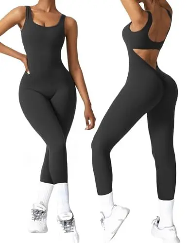 Produktbild: Vertvie Jumpsuit Damen Lang Eng Ärmellos Yoga Scrunch Butt Overalls Sexy Rückenfrei Bodycon Einteiler Strampler Ganzkörperanzug Playsuits Sport Gym Workout Sommer(Schwarz,M)