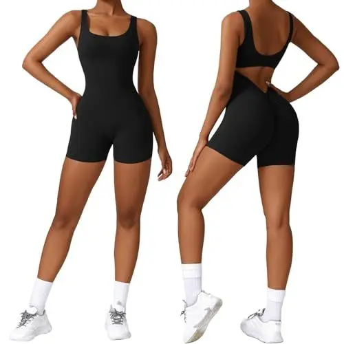 Produktbild: Vertvie Jumpsuit Damen Scrunch Butt Kurz Eng Overall Sommer V Back Jumpsuit Gym Padded Yoga Bodysuit Rückenfrei Einteiler Ärmellose Sport Romper(Tank Schwarz,M)