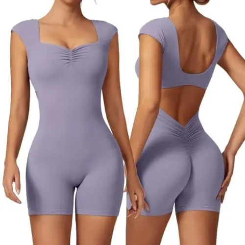 Produktbild: Vertvie Jumpsuit Damen Sommer Elegant Kurz V Back Bodysuit Kurzarm Scrunch Butt Yoga Romper Sport Einteiler Overall Yoga Workout Bodysuit(Violett,L)