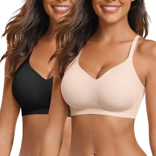 Produktbild: Vertvie Nahtloser BH Damen Ohne Bügel Bequeme Push Up Soft BH V Ausschnitt Weicher Bustier Seamless Bra Ultrakomfortable Gepolstert Bralette T-Shirts(2pc: Beige/Schwarz,M)