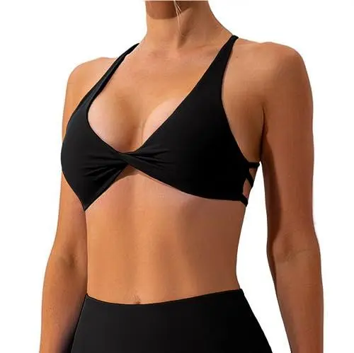 Produktbild: Vertvie Sport BH Damen Rückenfrei Tiefe V Ausschnitt Sexy Yoga Bra Gepolstert Bustier Push up Bralette Twist vorne Gym Workout Fitness(1pc: Schwarz,S)