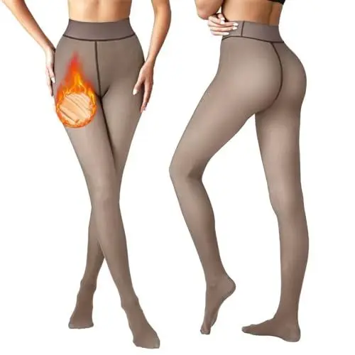 Produktbild: Vertvie Thermo Strumpfhose Damen Warme Dicke Fleece Thermostrumpfhose Gefälschte Durchscheinend Leggings High Waist gefütterte Pantyhose Winter(Kaffee Durchsichtig 220g,S/M)