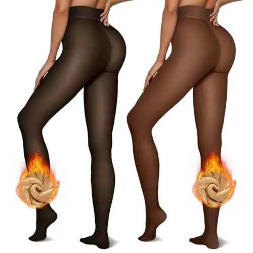 Produktbild: Vertvie Thermo Strumpfhose Damen Warme Dicke Fleece Thermostrumpfhose Gefälschte Durchscheinend Leggings gefütterte Pantyhose Winter(2 Paar schwarze transparente Haut + kaffeefarbene Sheer-skin,S/M)