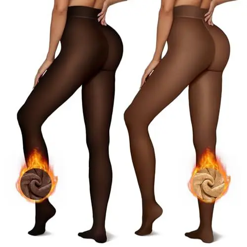 Produktbild: Vertvie Thermo Strumpfhose Damen Warme Dicke Fleece Thermostrumpfhose Leggings High Waist gefütterte Pantyhose Winter(Schwarzer, transparenter Kaffee + Kaffeebraun mit transparenter Haut,L/XL)