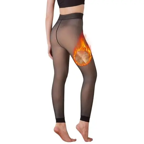 Produktbild: Vertvie Thermo Strumpfhose Damen Winter Fleece Gefütterte Leggings High Waist Enge Pantyhose Ohne Fuß Hohe Elastizität Transparente Tights Gefälschte Dick Plüschstrümpfe (Schwarz Durchsichtig, M)