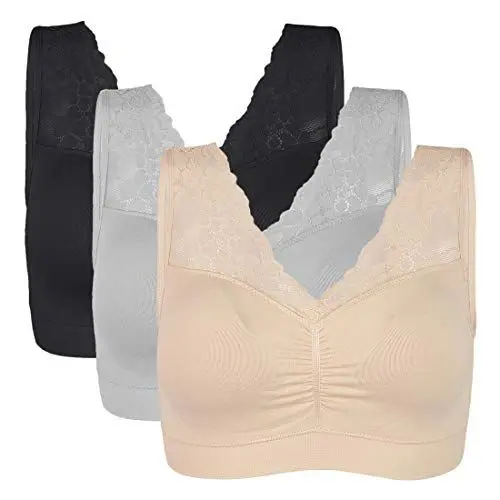 Produktbild: Vertvie Womens Strech Ohne Buegel Push up Yoga Sports BH Bra Top Set Fuer Fitnesstraining Polsterung 3er Pack(Schwarz/Haut/Grau,XXL)
