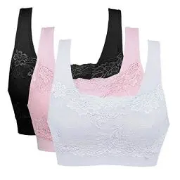Produktbild: Vertvie Womens Strech Ohne Buegel Push up Yoga Sports BH Bra Top Set Fuer Fitnesstraining Polsterung 3er Pack (EU M/Tag L, Schwarz+Rosa+Weiß)