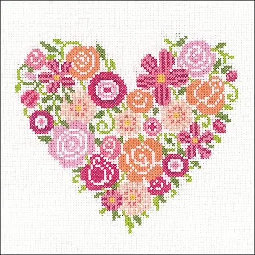Produktbild: Vervaco Gezählter Kreuzstich Stickpackungen DIY Stickbilder Blumenherz Wanddekoration Handarbeit Set für Erwachsene Kreatives Handwerk ca. 18 x 17 cm Kreuzstichbilder Set Hausdeko