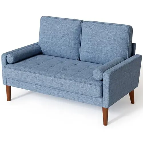 Produktbild: Vesgantti Sofa 2-Sitzer, 121CM Modernes Couch 2 Sitzer mit 2 Wurfkissen, Kleine Stoffcouch mit Armlehne, Knöpfe Sitzkissen Gästesofa für Wohnzimmer/Wohnung/Büro, Blau