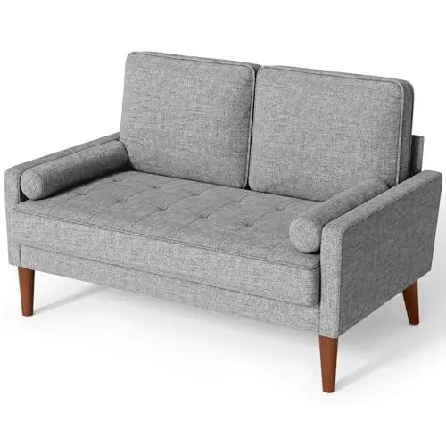 Produktbild: Vesgantti Sofa 2-Sitzer, Modernes Lichtgrau Couch 2 Sitzer mit 2 Wurfkissen, Kleine Stoffcouch mit Armlehne, Knöpfe Sitzkissen Gästesofa für Wohnzimmer/Wohnung/Büro, 121 x 77 x 87CM