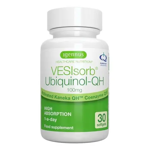 Produktbild: Vesisorb Ubiquinol 100mg, aktive Form von Coenzym Q10, bioverfügbares Antioxidant, Kaneka patentierte Formel, 30 Weichkapseln, von Igennus
