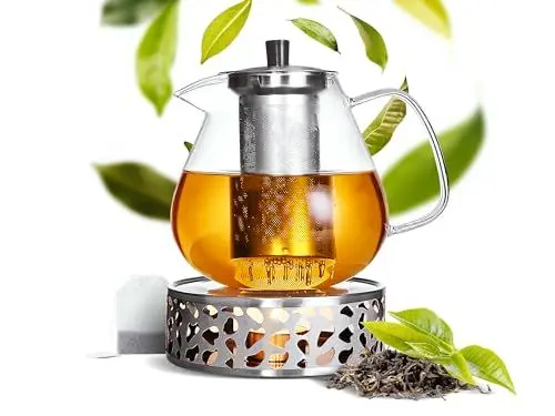Produktbild: VESTAhome Teekanne Glas mit Siebeinsatz & Stövchen (1,5 L) - Tee Kanne Set aus Borosilikatglas & Stövchen für Teelicht - Teapot mit Teebereiter & Sieb