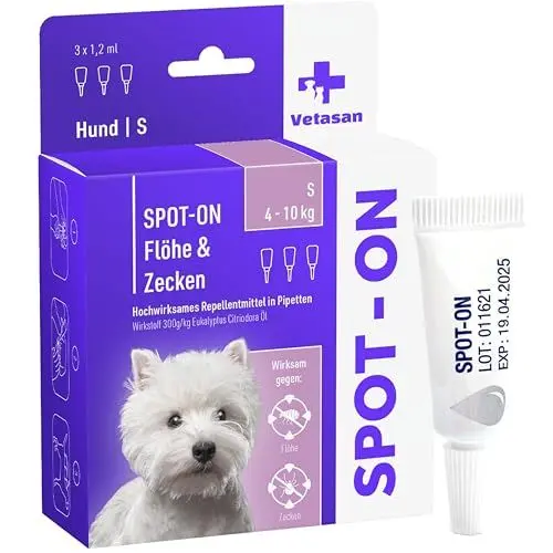Produktbild: Vetasan Spot-ON für Hunde 4-10kg (S) | gegen Flöhe & Zecken | 3 Monate Schutz | HOCHWIRKSAM | Zeckenmittel für Hunde Zeckenschutz | Hundeflohmittel