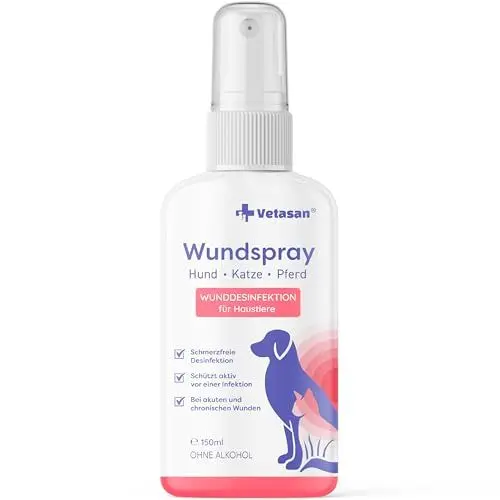 Produktbild: Vetasan Wundspray für Hunde & Katzen 150ml I Wunddesinfektion Katze I Für Haut und Pfoten I OHNE Alkohol & CHLOR I Desinfektionsmittel Tiere