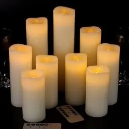Produktbild: VETOUR Flammenlose LED-elektrische Kerzen: 9 batteriebetriebene künstliche Kerzen, 12,7 cm, 15,2 cm, 17,8 cm, 22,9 cm, D6,2 cm, Echtwachs, flackernde elektrische Kerzen mit Fernbedienung und Timer für