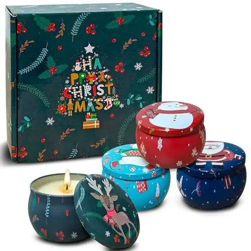 Produktbild: VETOUR Weihnachten Duftkerzen Geschenk:Pack von 4 Zitronen Kürbis Zimt Vanille 4.4OZ 4 * 30 Stunden Aromatherapie Zinn Dose Kerzen Set für Frauen Freunde Festival Geschenke (Weihnachtsstil)