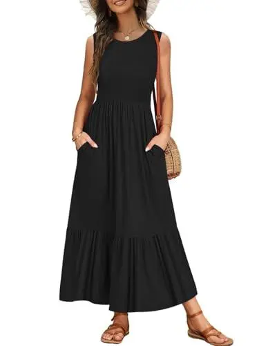 Produktbild: VEUNCOS Damen Sommerkleider Leicht und Luftig Maxikleid Sommer Weich Baumwolle Tank Top Kleid Lässige Locker Freizeitkleid Schwarz XL