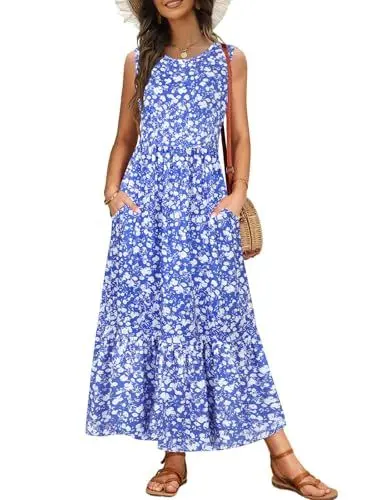 Produktbild: VEUNCOS Damen Sonnenkleider für Strand Urlaub Sommer Outfits Kleidung Maxikleider mit Taschen Blau geblümt L