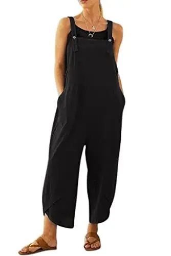 Produktbild: VEVESMUNDO Damen Latzhose Sommer Baggy Baumwolle Lang Elegant Retro Loose Breite Beine Jumpsuit Playsuit Overall Dungarees Hosen mit Taschen 34 36 38 40 42 44 46 48 50
