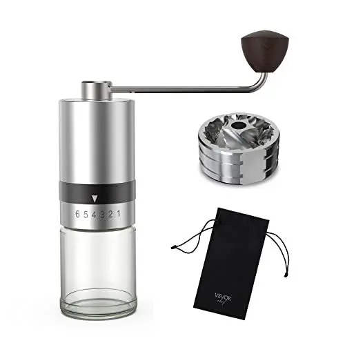 Produktbild: VEVOK CHEF Weiss-graue Manuelle Hand-Kaffeemühle mit einstellbarem Keramikmahlwerk aus Edelstahl für Kaffee Espresso French-Press Aeropress Silber Geschenk…
