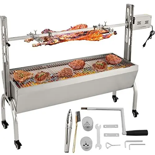 Produktbild: VEVOR 150 Pfund Rotisserie Grillbräter, 40 W BBQ kleines Schweinelamm Rotisserie Bräter, 127 cm Edelstahl Holzkohle Spieß Rotisserie Röster Grill für Camping und Outdoor Grill