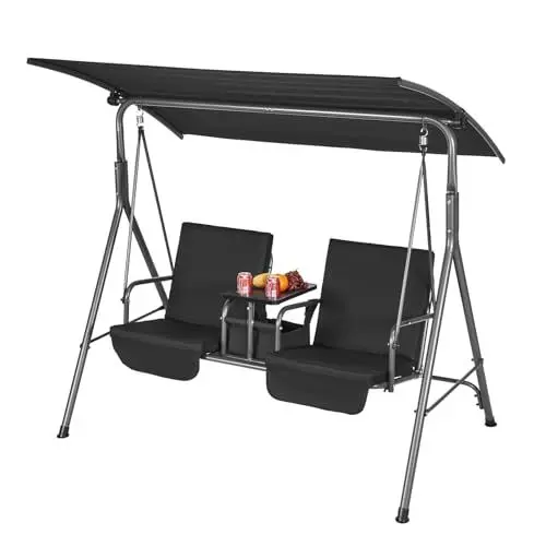 Produktbild: VEVOR 2-Sitzer-Hollywoodschaukel Terrassenschaukel mit verstellbarem Baldachin, Aufbewahrungstasche und drehbarem Tablett Oxford-Gewebe und Rahmen aus legiertem Stahl für Balkon Hinterhof Schwarz