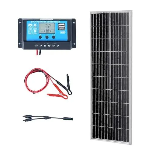 Produktbild: VEVOR 2Stk. 100W Solarpanel Kit 12V monokristallinen Solarmodul plus Laderegler 8,33A Solaranlage Umwandlungsrate von 23% Kompatibel mit AGM-, GEL-, FLD- LI-Batterien für Wohnmobile Yachten Zuhause