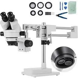 Produktbild: VEVOR 3,5X-90X Simul Focal Trinocular Zoom Stereo Microscope Al-Zn-Legierung 360 Grad Drehbar Trinokulares Stereomikroskop Dual Armstativ Labor Video Mikroskop Zwei höhenverstellbar Ständer Zubehör
