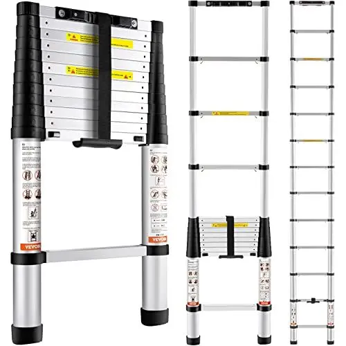 Produktbild: VEVOR 3,8M Teleskopleiter Rutschfester Klappleiter 49x9,5x82cm Stehleiter Ein-Knopf-Rückzug Mehrzweckleiter Aluminiumlegierung 170kg Belastbarkeit Geeignet für Hausreparaturen Dekoration Wandanstric