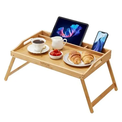 Produktbild: VEVOR 683 x 350 x 279 mm Betttablett Serviertablett Frühstückstablett Bambus mit Klappbaren Füße, Frühstück im Bett, Bambus & MDF, Selbsteinstellende Arbeitsfläche Laptop-Schreibtischtablett Sofa