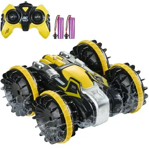 Produktbild: VEVOR Amphibienfahrzeug Ferngesteuertes Auto, 2,4 GHz, 12 km/h, 4WD wasserdichtes RC-Auto für Kinder, 360° drehbares Stunt-Auto mit 2 Batterien, Off-Road Spielzeugauto für Kinder ab 6 Jahren, Gelb