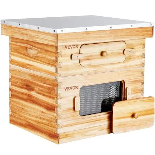 Produktbild: VEVOR Bienenstock, 20 Rahmen, Bienenbeute Zander, mit Bienenwachs beschichtetes Zedernholz, 1 tiefer + 1 mittlerer Bienenkasten, Langstroth-Bienenstock-Set, transparente Acrylfenster mit Fundamenten