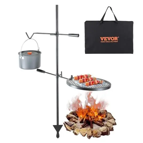 Produktbild: VEVOR Campinggrill Rund 360 x 360 mm, Verstellbarer Schwenkbarer Lagerfeuer Grill mit und Hakenhalter, Edelstahl Holzkohlegrill für Outdoor-Camping