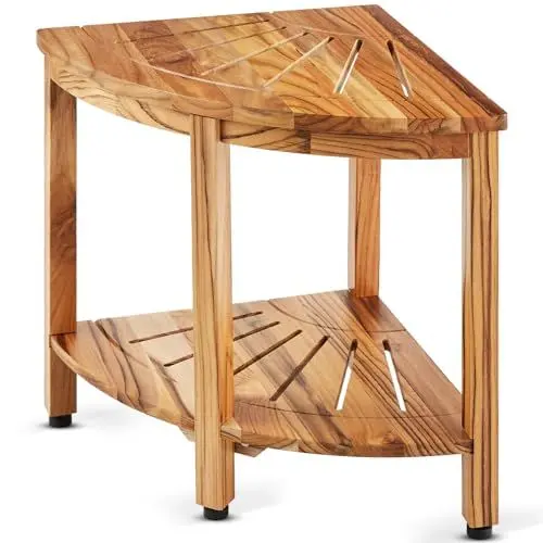Produktbild: VEVOR Eck-Duschbank aus Teakholz, 47 cm Höhe, 100% Teakholz-Eckduschbank, Schimmelresistent, 227 kg mit Ablagefläche, Duschhocker für Innen- und Außendusche, für Badezimmer