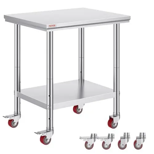 Produktbild: VEVOR Table de Travail Cuisine 76x60x85cm,Table de Travail Inox avec Roulettes et Freins,Capacité de Charge 317 kg pour Préparation des Aliments aux Restaurant/Cliniques