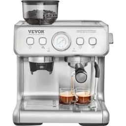Produktbild: VEVOR Espressomaschine mit Mahlwerk, 15 Bar Halbautomatische Espressomaschine mit Milchaufschäumer, Dampfdüse, Abnehmbarem Wassertank und Druckmesser für Cappuccino, Latte, Machiato