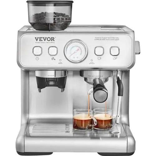 Produktbild: VEVOR Espressomaschine mit Mahlwerk, 15 Bar Halbautomatische Espressomaschine mit Milchaufschäumer, Dampfdüse, Abnehmbarem Wassertank und Druckmesser für Cappuccino, Latte, Machiato