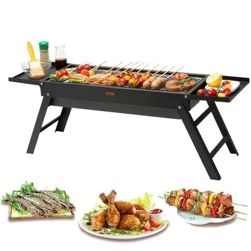 Produktbild: VEVOR Gills Holzkohlegrill Klappgrill Tischgrill 57 x 22 cm, Tragbarer Reisegrill Outdoor Picknick Campinggrill 85 x 23,7 x 30 cm Größe, Schwarz Edelstahl BBQ Grill Camping Strandparty Rucksackreise