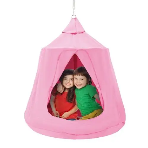 Produktbild: VEVOR Hängehöhle, 150 kg Kapazität, hängende Zeltschaukel für drinnen und draußen, Hängematte, sensorischer Hängesessel mit LED-Lichterkette, Deckenschaukel, Hängezelt für Kinder und Erwachsene Pink