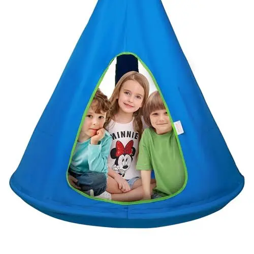 Produktbild: VEVOR Hängehöhle ø 100 x 132 cm Hängesessel 113 kg Tragfähigkeit Hängematte aus 600D Oxford-Gewebe und Stahlrahmen Hängesitz Hängezelt Schaukel Therapieschaukel Blau Hängeschaukel Kinder