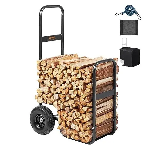 Produktbild: VEVOR Kaminholzwagen 67x52x110cm Brennholzwagen Pulverbeschichteter Stahl Brennholzkarre mit 266,7-mm-Gummirädern Holzwagen Max. 113,4kg Transportwagen inkl. Bungee-Seil Bodennetz 600D Oxford-Tuch