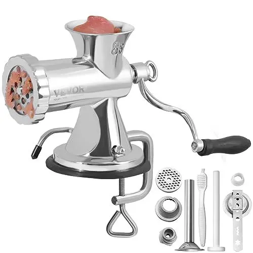 Produktbild: VEVOR Manuelle Fleischwolf Hand Fleischwolf 304 Edelstahl, 5 & 8 mm Schneidplatten Fleischwolf Manuelle Fleischmaschine mit Wurstrohr, Geeignet für Fleisch Gemüse Schleifen und Wurstfüllung Silber