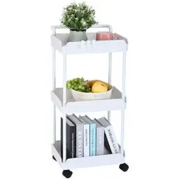 Produktbild: VEVOR Rollwagen, Küchenwagen mit 3 Ebenen, Küchenregal, Nischenregal mit Rollen, Badregal 370x355x761mm Aufbewahrungswagen 45kg Tragfähigkeit Mehrzweckrollwagen Weiß Abräumwagen Servierwagen
