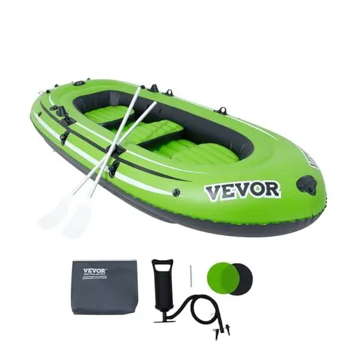 Produktbild: VEVOR Schlauchboot Fischerboot für 5 Personen, Robustes, Tragbares Bootsfloßkajak aus PVC, 45,6-Zoll-Aluminiumruder, Hochleistungspumpe, Angelrutenhalter und 2 Sitze, 499 kg Kapazität