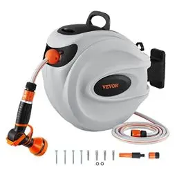 Produktbild: VEVOR Schlauchtrommel Wasser 25mx12mm mit Wandhalterung Tragegriff Schlauchaufroller mit 9-Muster-Sprühdüse & Gartenschlauch 180° Schwenkbar Wand-Schlauchbox mit Aufroll-Automatik Gießen Autowaschen